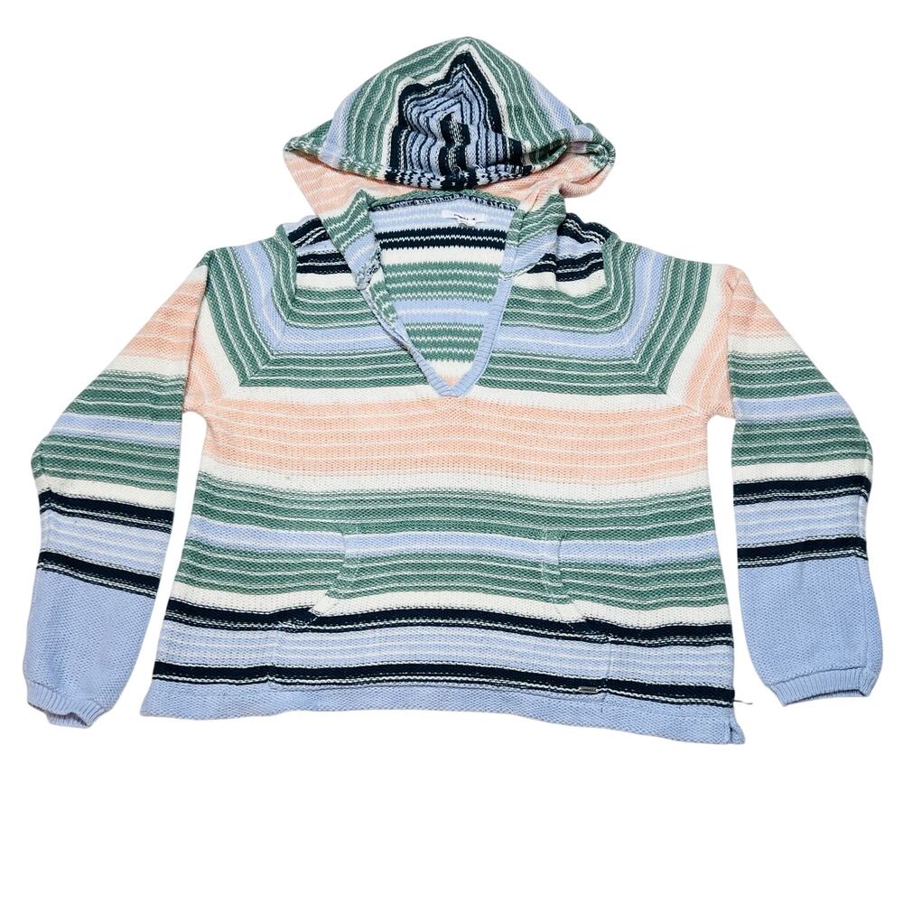 O'neill Knit Striped Hoodie Women Large Blue Green White Coral Beach Skater Used